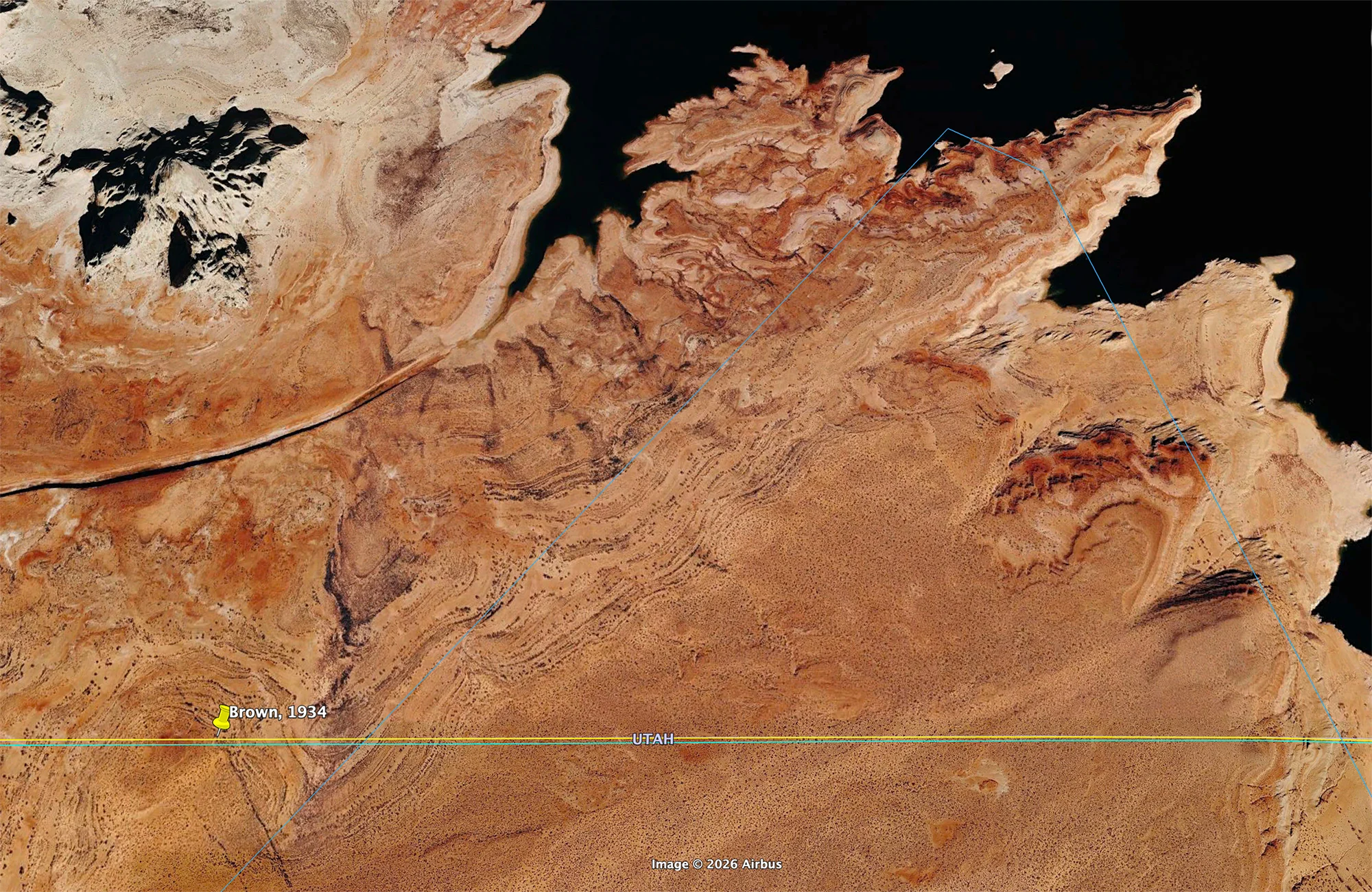 A 2026 Google Earth image showing the extent of Lake Powell’s shrinkage
